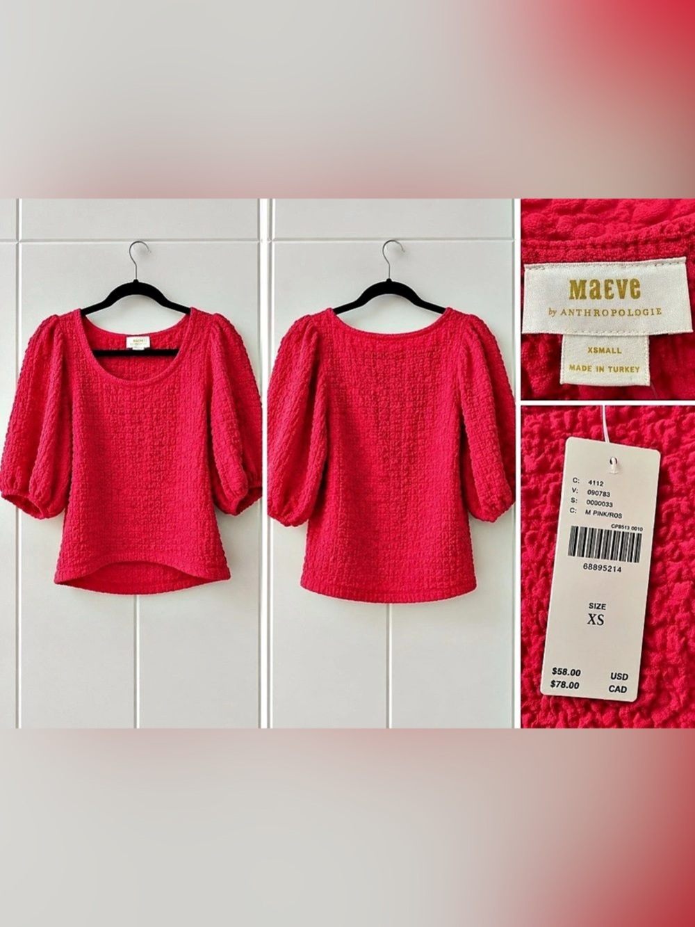 Maeve Textured Puff Sleeve Blouse in Pink Size XS NWT
